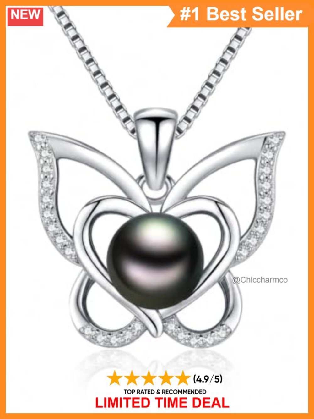 Black Pearl Butterfly Pendant Necklace 925 Sterling Silver 18K White Gold Plated